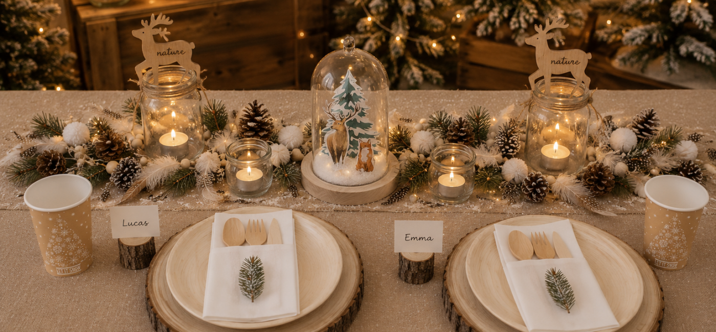 table de Noël décoration forêt enneigée table de Noël décoration forêt enneigée
